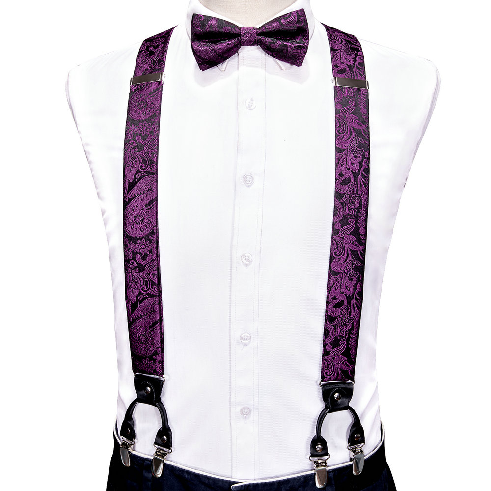 メンズパンツ用サスペンダー、絶妙なプラムパープルの花柄ジャカ - Bow Tie Pre Tied のレビューと価格